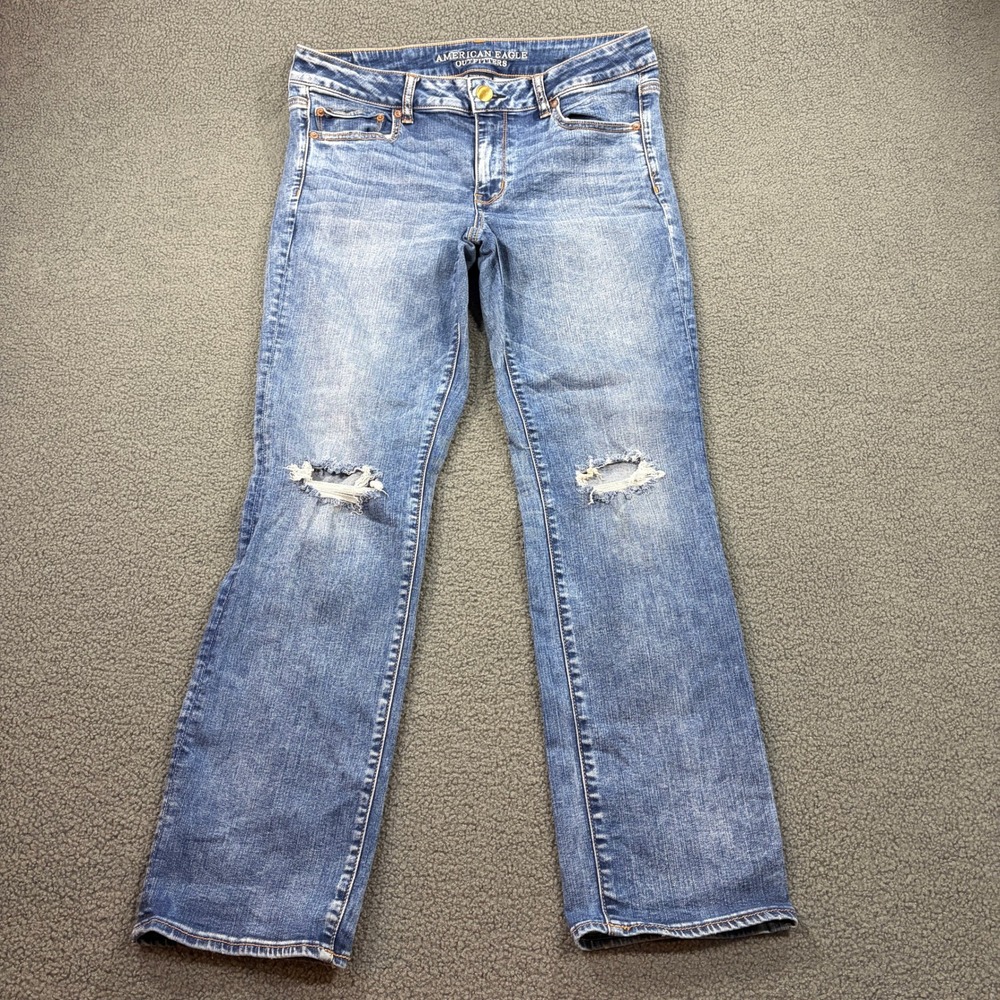 American Eagle Jeans Womens 10 Blue Straight Leg Super Stretch Distressed 8147